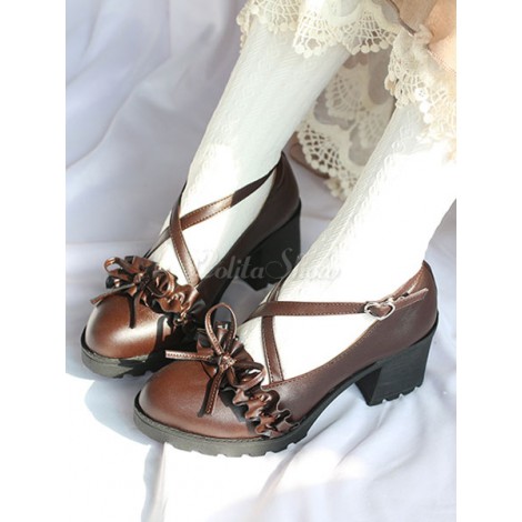 クラシックロリータパンプス　2020　ストラップチャッキーヒール　リボン　ラッフルロリータシューズ