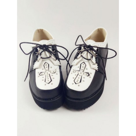 ロリィタフットウェア　ブラック　ジオメトリックヒール　グロメット　編み上げ　カラーブロック　丸いつま先　PU