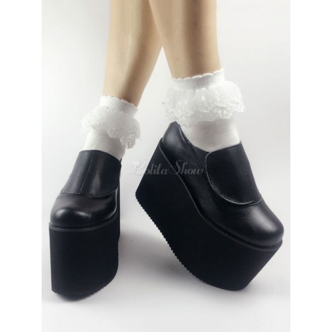 ロリィタフットウェア　ブラック　ジオメトリックヒール　ベルクロ　無地　丸いつま先　レザー