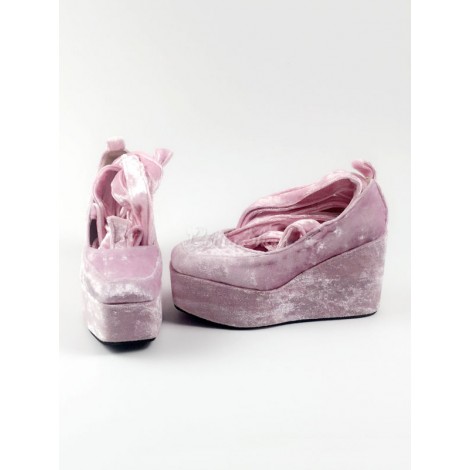 ロリィタ靴　サーモンピンク　無地　ベルベット　編み上げ　スクエアトゥ　ジオメトリックヒール