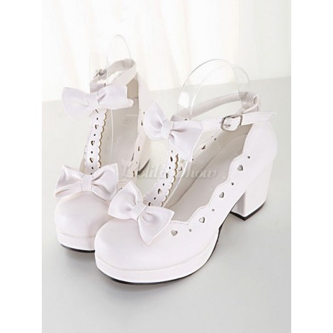 ロリィタフットウェア　チャンキーヒール　リボン　リボン柄　無地　お茶会　スクエアトゥ　PU