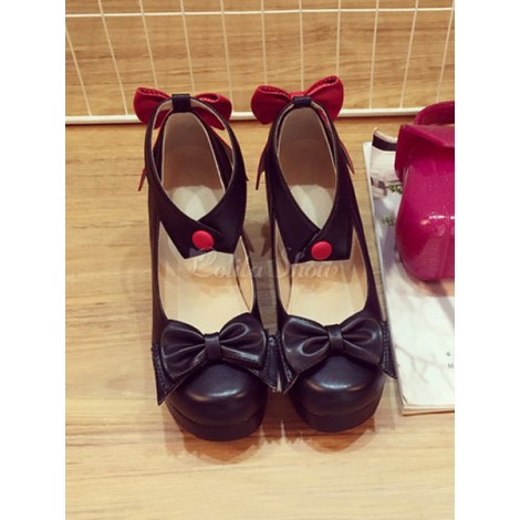 ロリィタシューズ　チャンキーヒール　レース　リボン　2カラーブロック　お茶会　スクエアトゥ　PU