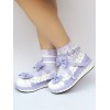ロリィタシューズ　パープル　リボン柄　ストリートウェア　丸いつま先　PU