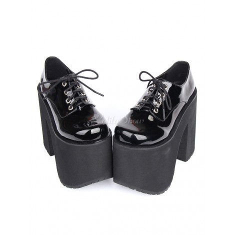 ロリィタ靴　ブラック　チャンキーヒール　無地　カジュアル　丸いつま先　PU