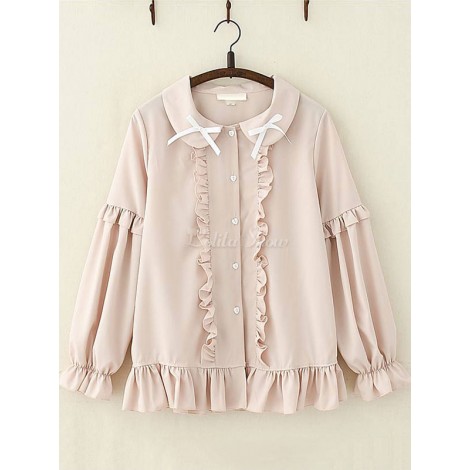 スウィートロリータシャツピーターパンカラーフリルちょう結びシフォンピンクロリータブラウス