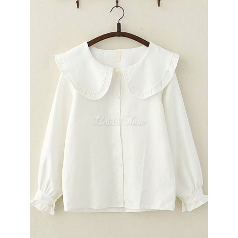 スウィートロリータフリルピーターパンカラーホワイトコットンロリータシャツ