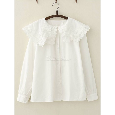 スウィートロリータシャツレーストリムコットンホワイトロリータトップ