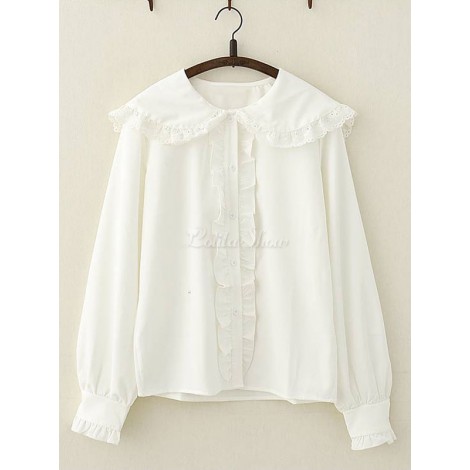スウィートロリータシャツレースフリルピーターパンカラーシフォンホワイトロリータトップ