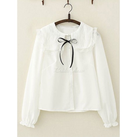 スウィートロリータシャツレーストリムちょう結びシフォンホワイトロリータトップ