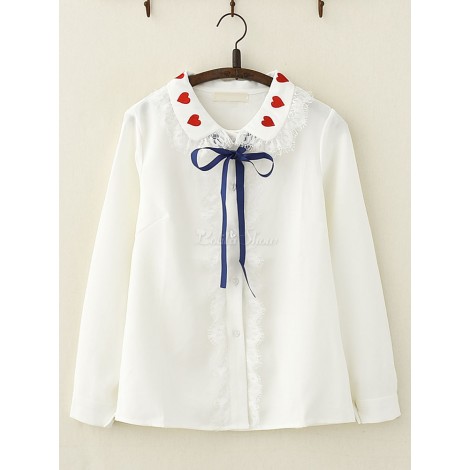 スウィートロリータシャツ恋人刺繍入りレースちょう結びシフォンホワイトロリータブラウス