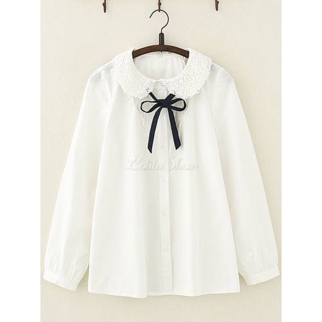 スウィートロリータシャツピーターパンカラーレースちょう結びコットンホワイトロリータトップ