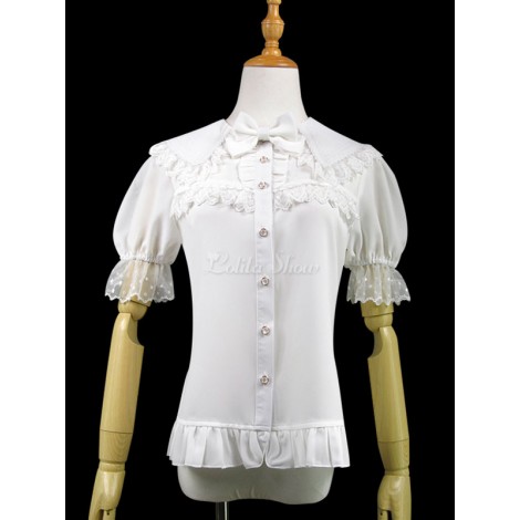 甘いロリータシャツレーストリムフリル弓フリルホワイトシフォンロリータトップ