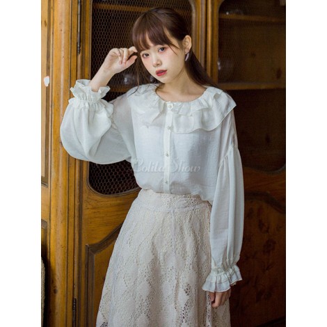 スウィートロリータシャツパールフリルシフォンホワイトロリータブラウス