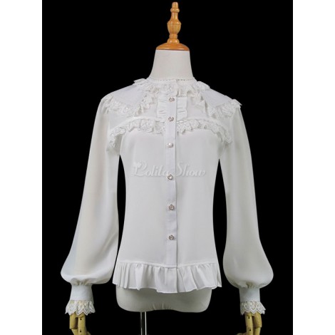 スウィートロリータシャツレースフリルシフォンホワイトロリータトップ