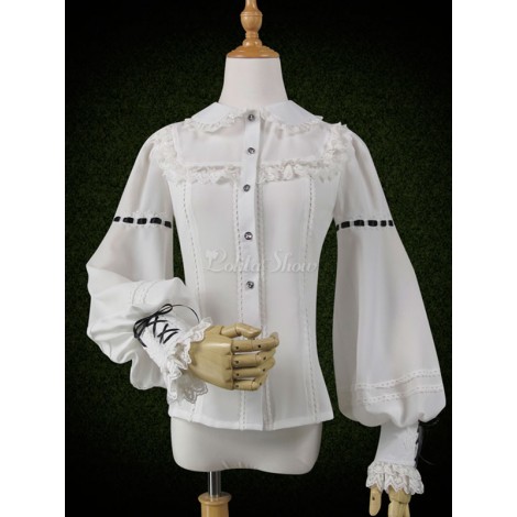 クラシックロリータシャツマジックスターパフスリーブレースフリルホワイトシフォンロリータトップ