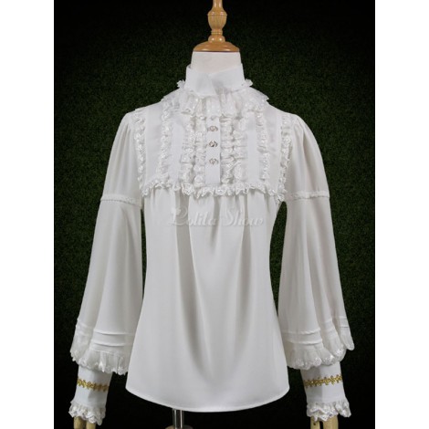 クラシックロリータブラウスレースパフスリーブスタンドカラーボタンの装飾シフォンホワイトロリータトップ