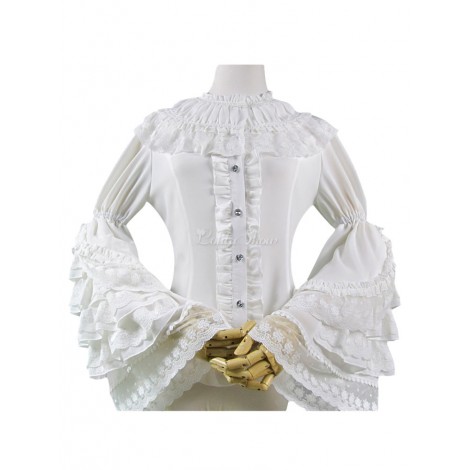 スウィートロリータシャツレーストリムレイヤードフリル姫スリーブシフォンホワイトロリータシャツ