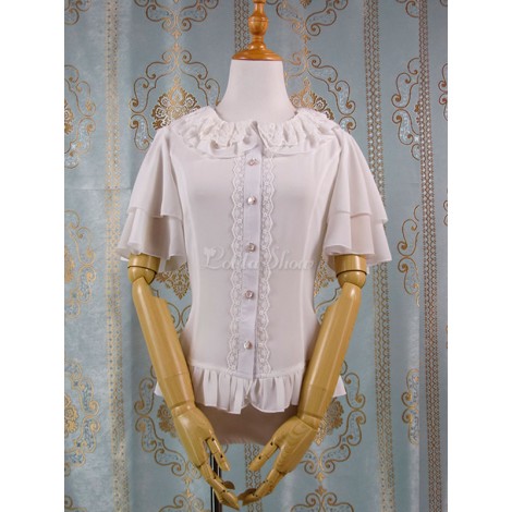 スウィートロリータトップレースフリルピーターパンカラーホワイトシフォン半袖ロリータシャツ