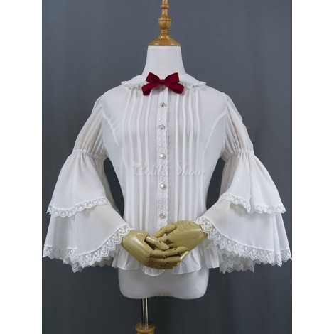 スウィートロリータシャツレースフリル弓ピーターパンカラー姫スリーブホワイトシフォンロリータブラウス