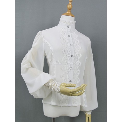 クラシックロリータシャツレーススタンドカラーパフスリーブホワイトシフォンロリータトップ