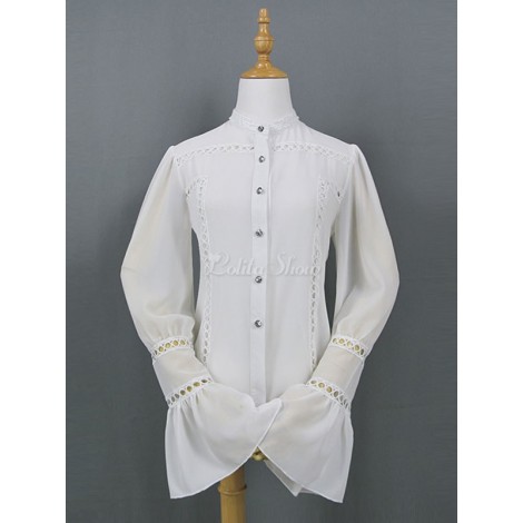 古典的なロリータシャツレースカットスタンドカラーシフォンホワイトロリータトップ