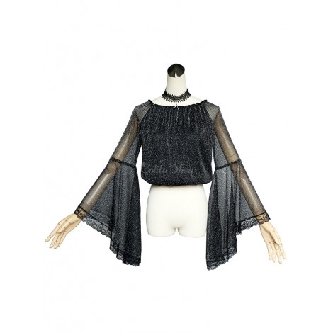 ゴシックロリータブラウスソウルホールレースセミシアープリーツショットシルクブラックロリータトップ