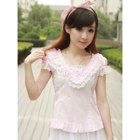 ロリィタブラウス　ピュアコットン　半袖　フリル　Vネック　お茶会　無地