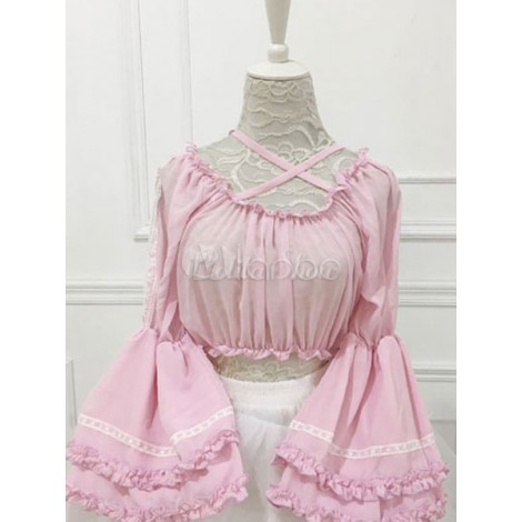 ロリィタブラウス　シフォン　お茶会　スウィート　ラウンドネック　無地　長袖