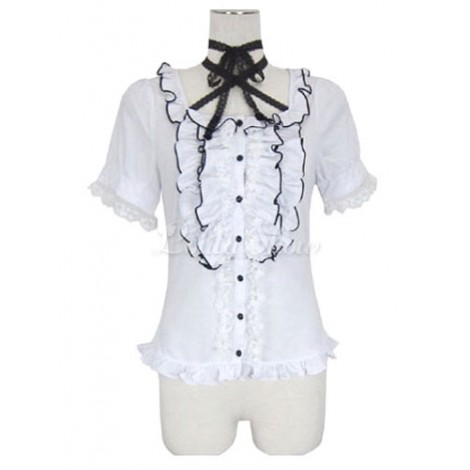 ロリィタブラウス　ホワイト　コットン　半袖　スクエアネック　カジュアル　スウィート　カラーブロック