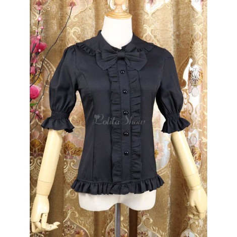 スウィートロリータシャツボウフリルピーターパンカラーブラックシフォンハーフスリーブロリータトップ