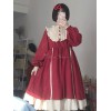 甘ロリワンピース　OPドレス　ボタン　フリル　レッド　バイカラー　レース　長袖　ロリータワンピースドレス