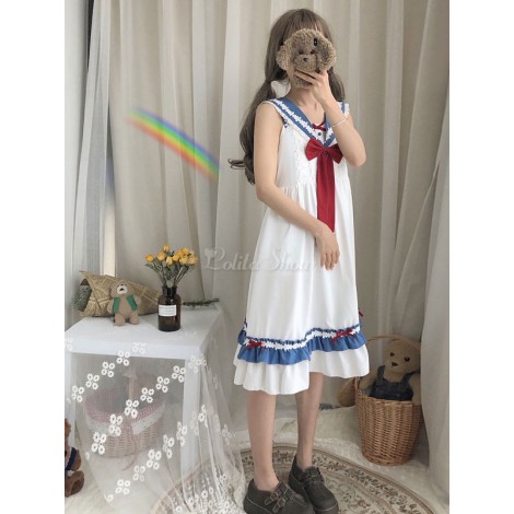 甘いロリータワンピースドレスホワイト弓プリーツロリータワンピースドレス