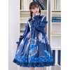 甘いロリータOPドレス星雲クジラプリントブループリント弓ロリータワンピースドレス