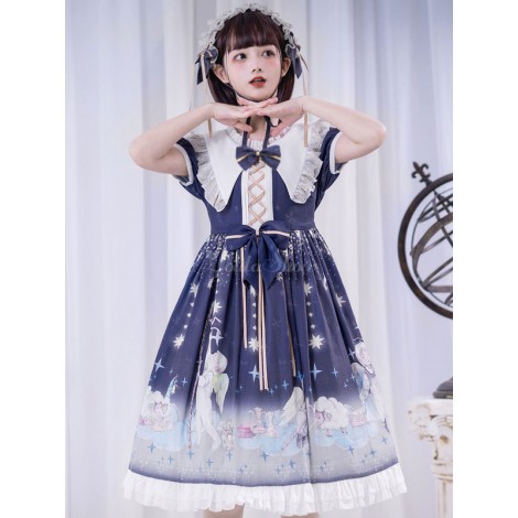 甘いロリータOPドレスリトルプリンスプリントダークネイビーボウロリータワンピースドレス