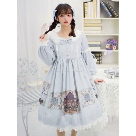 甘いロリータOPドレスギャラリープリントベイビーブルーボタンロリータワンピースドレス