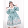 甘いロリータOPドレスウサギのバスケットプリント弓ライトスカイブルー長袖ロリータワンピースドレス