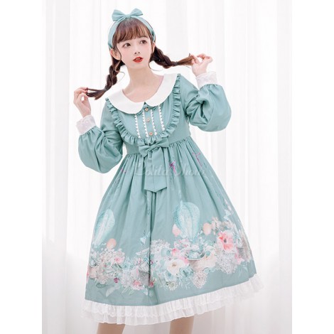 甘いロリータOPドレスウサギのバスケットプリント弓ライトスカイブルー長袖ロリータワンピースドレス