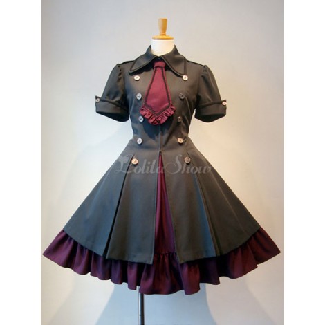 ゴスロリ軍服ワンピースOP　フリル　リボン　ボタン　レースアップアイドル衣装　赤ワインロリータワンピースワンピース