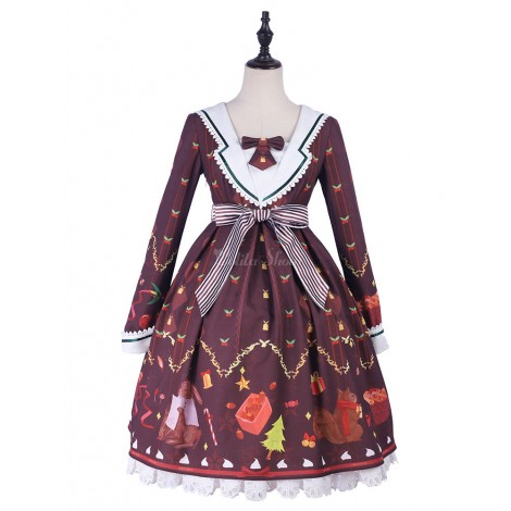 クラシックロリータOPドレス　2020　クリスマスファラウェイ　リボン　フリル　バーガンディ色ロリータワンピースドレス