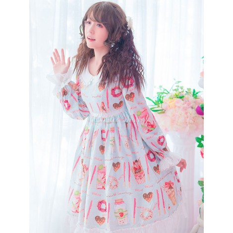 甘いロリータOPドレスプリン猫プリント弓フリルロリータワンピースドレス