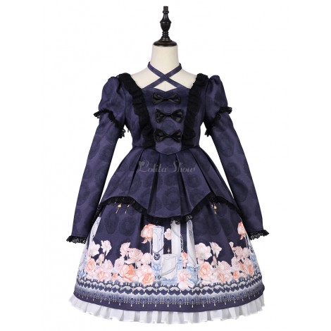 クラシックロリータOPドレス　2020　キャンドルライトウィスパー　リボン　レースフリル　ダークネイビーロリータワンピースドレス