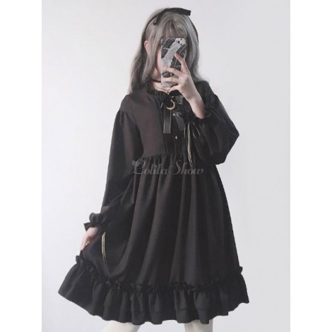 クラシックロリータOPドレスブラックボウロリータワンピースドレス
