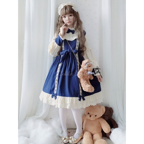 甘ロリ　スウィート　長袖　ブルー　ロリータワンピース　OPドレス　ボウブルゴーニュボウ　ロングスリーブ　ロリータワンピースドレス
