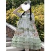 甘ロリ　OPドレス　童話モチーフ柄　プリント　スウィート　ライトグリーン　プリーツ　レース　リボン　ロリータワンピースドレス