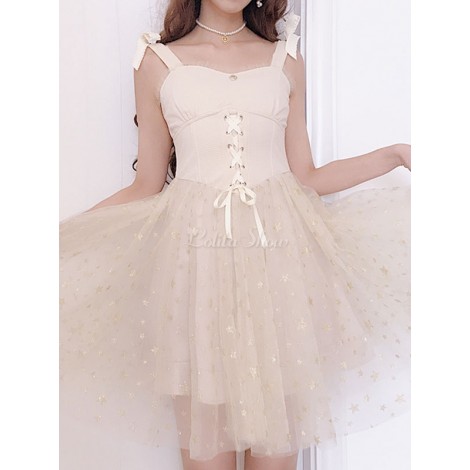 スウィートロリータ　JSKドレス　ラッキースター　アプリコット　ノースリーブ　レースアップ　プリーツ　ロリータジャンパースカート