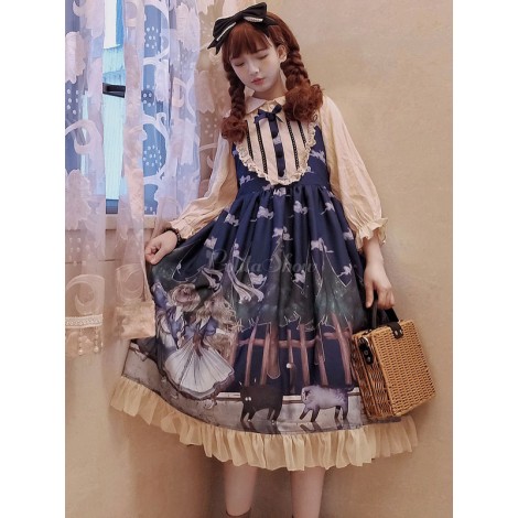 甘いロリータJSKドレスブルーノースリーブ弓ボタンロリータジャンパースカート