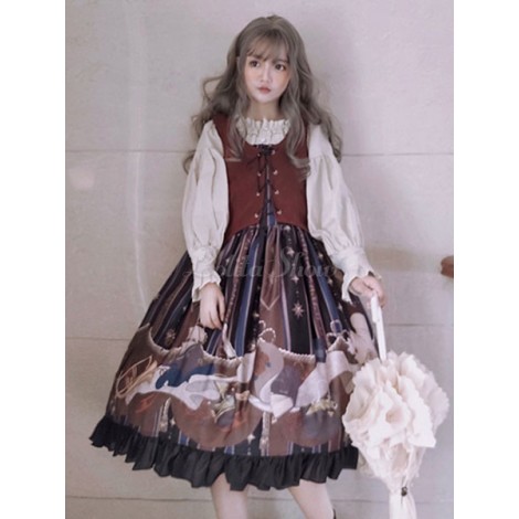 ゴシックロリータJSKドレスプリントブルゴーニュロリータジャンパースカート