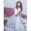 甘いロリータJSKドレスの森の賛美歌プリントブルーノースリーブ弓ロリータジャンパースカート