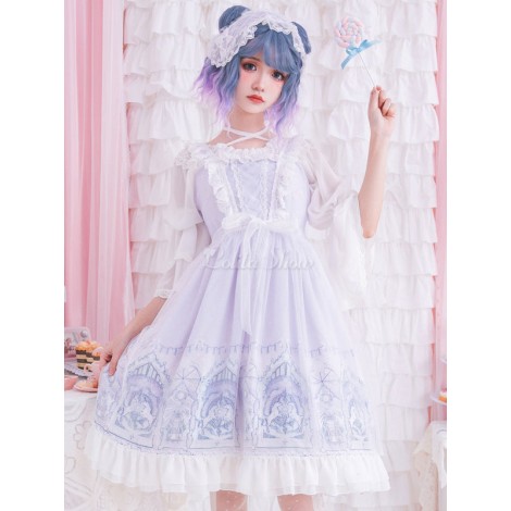 甘いロリータJSKドレスラベンダープリントフリルレースロリータジャンパースカート