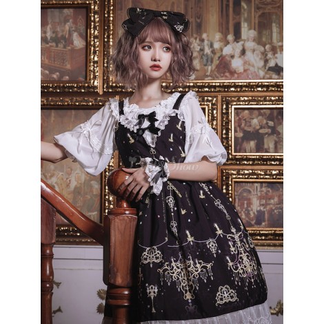 ゴシックロリータJSKドレスブラックダイヤモンドシャンデリアプリント弓レースロリータジャンパースカート